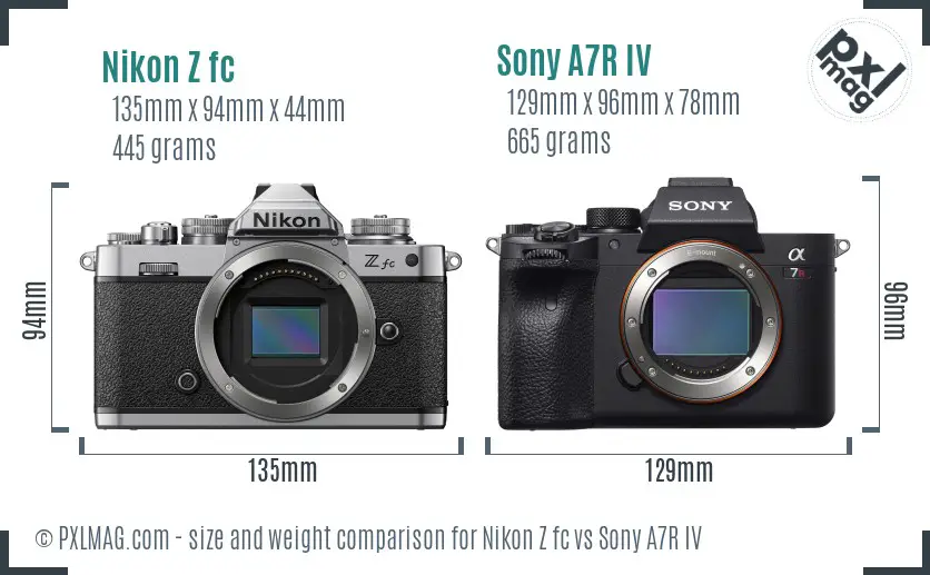 Nikon Z fc vs Sony A7R IV size comparison