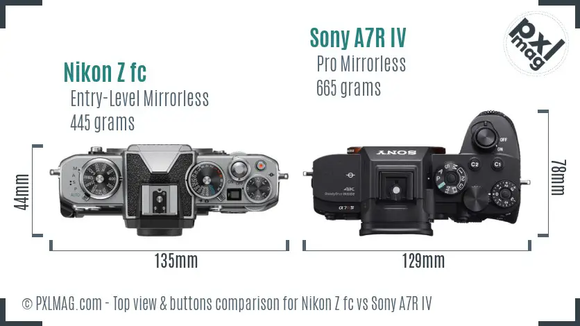 Nikon Z fc vs Sony A7R IV top view buttons comparison