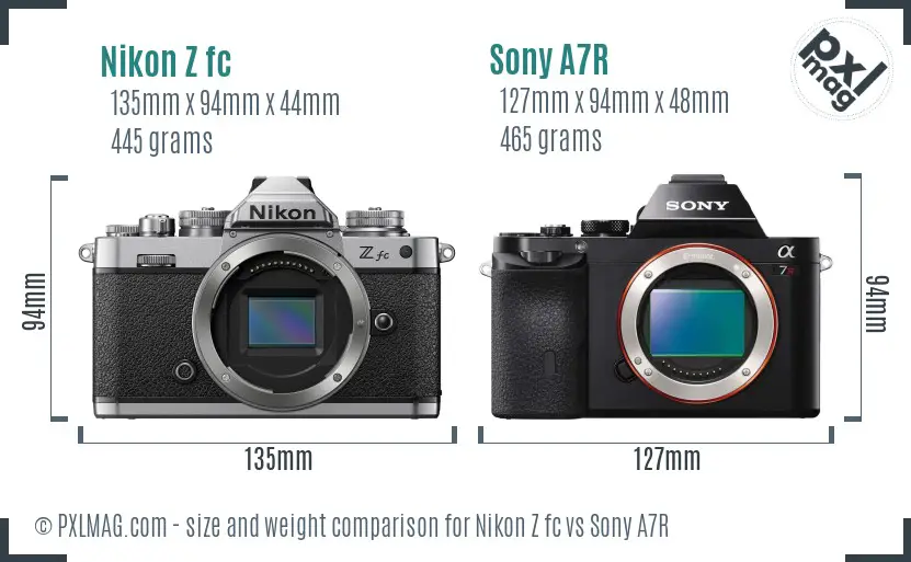 Nikon Z fc vs Sony A7R size comparison
