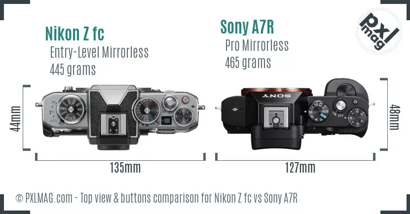 Nikon Z fc vs Sony A7R top view buttons comparison