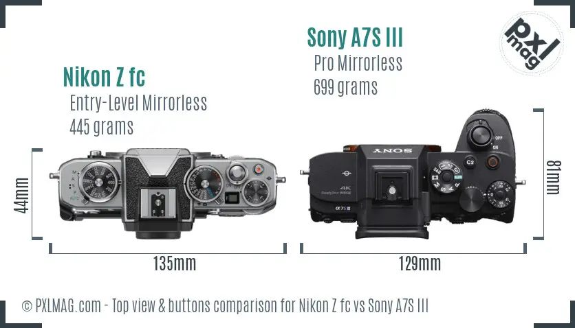 Nikon Z fc vs Sony A7S III top view buttons comparison