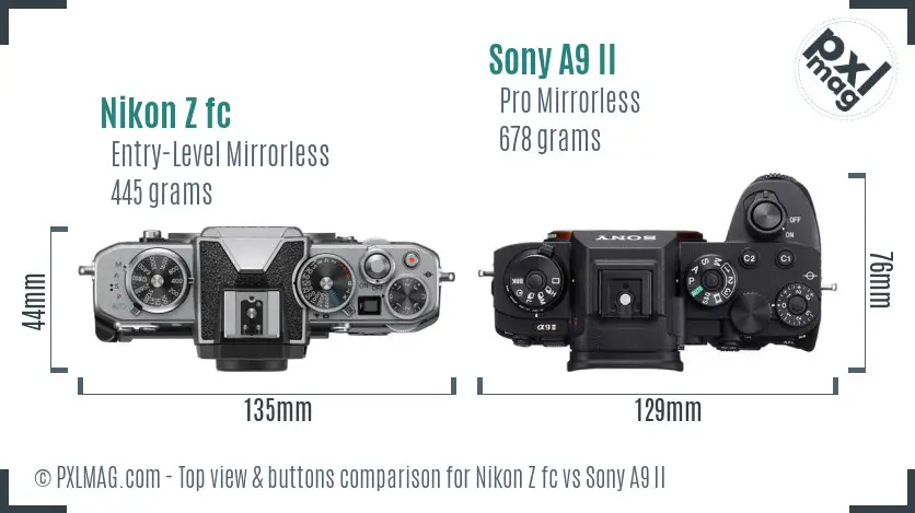 Nikon Z fc vs Sony A9 II top view buttons comparison