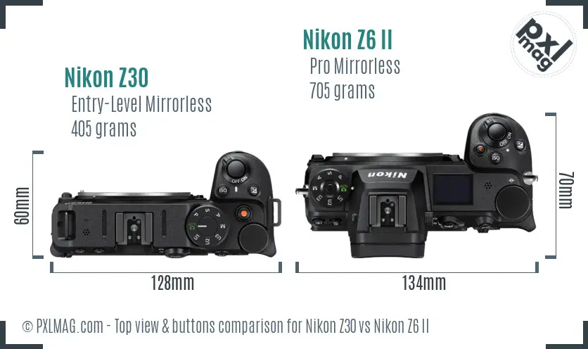 Nikon Z30 vs Nikon Z6 II top view buttons comparison