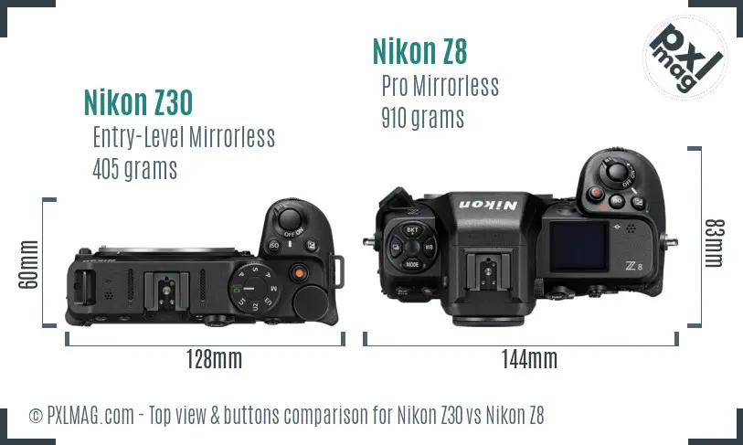 Nikon Z30 vs Nikon Z8 top view buttons comparison Nikon Z30 vs Nikon Z8 top view buttons comparison