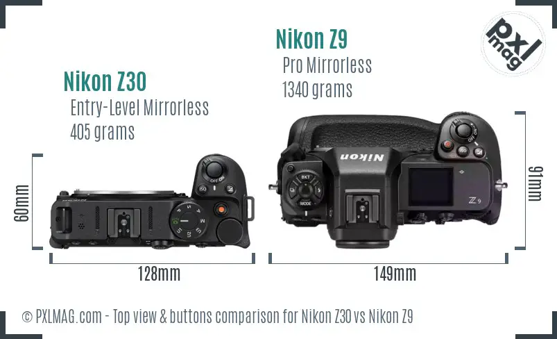 Nikon Z30 vs Nikon Z9 top view buttons comparison