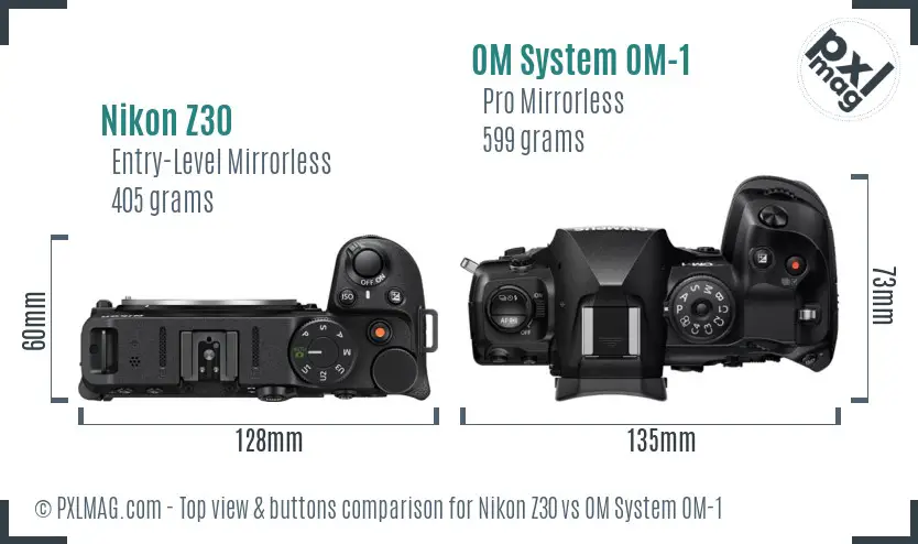 Nikon Z30 vs OM System OM-1 top view buttons comparison