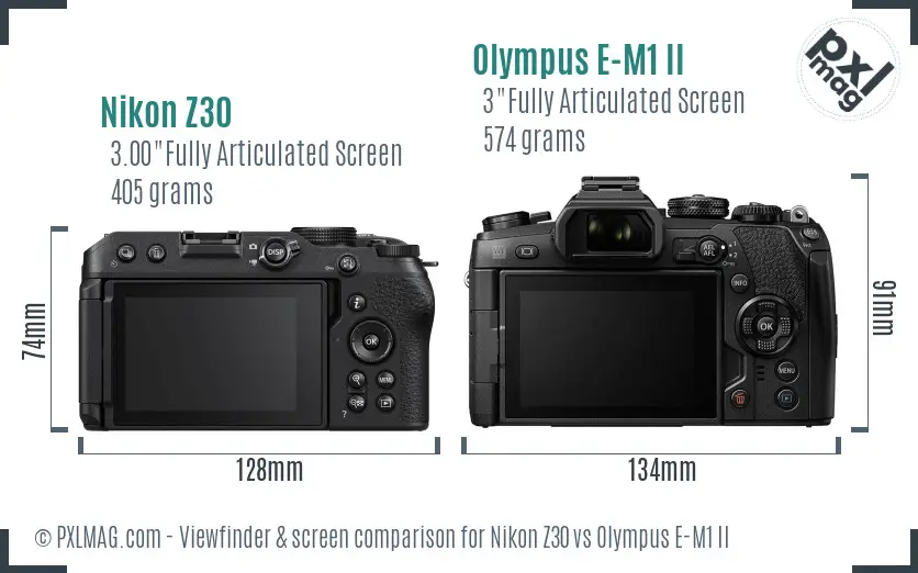 Nikon Z30 vs Olympus E-M1 II Screen and Viewfinder comparison