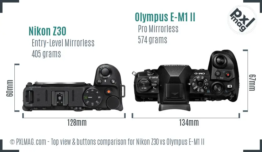 Nikon Z30 vs Olympus E-M1 II top view buttons comparison