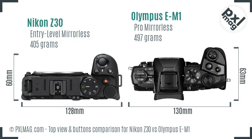 Nikon Z30 vs Olympus E-M1 top view buttons comparison