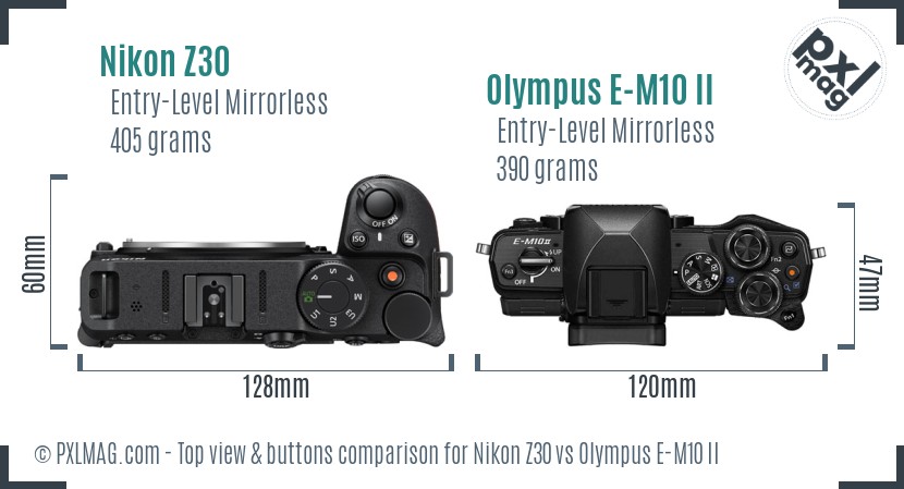 Nikon Z30 vs Olympus E-M10 II top view buttons comparison