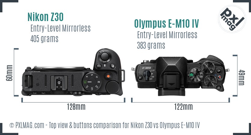 Nikon Z30 vs Olympus E-M10 IV top view buttons comparison