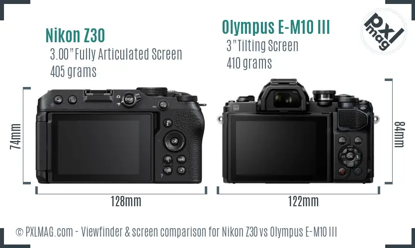 Nikon Z30 vs Olympus E-M10 III Screen and Viewfinder comparison
