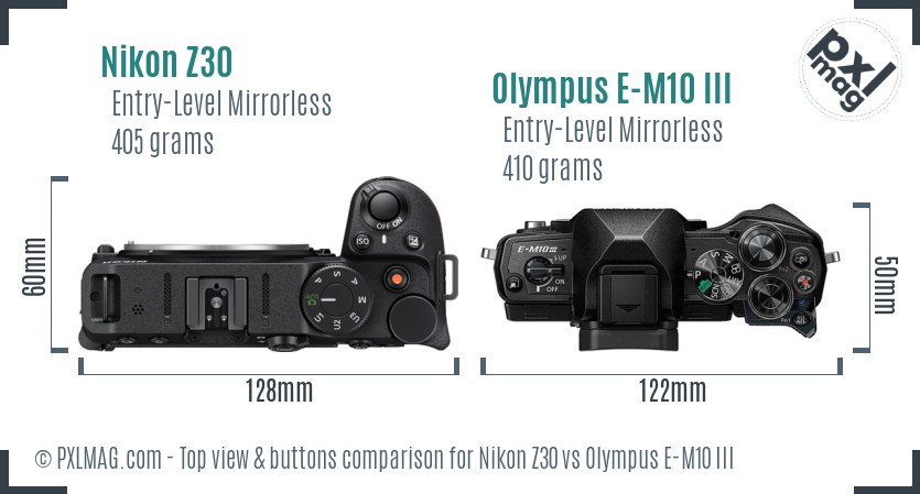 Nikon Z30 vs Olympus E-M10 III top view buttons comparison