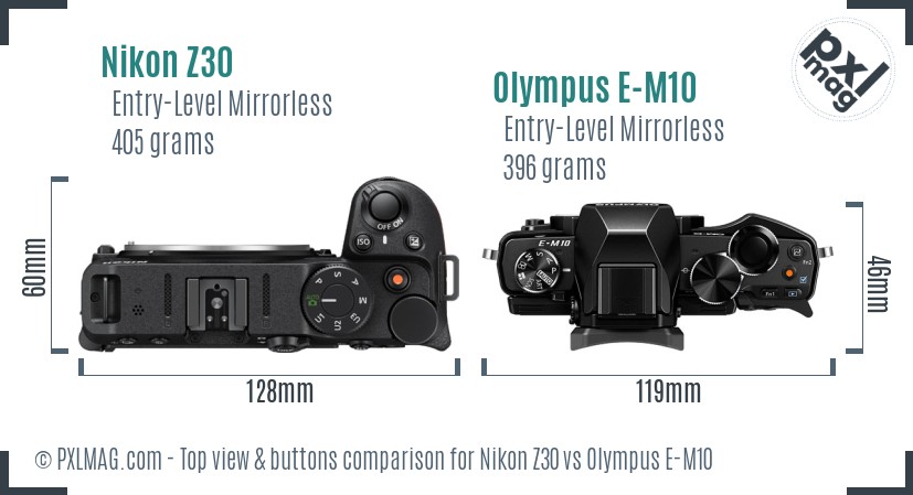 Nikon Z30 vs Olympus E-M10 top view buttons comparison