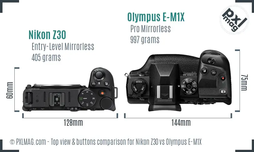 Nikon Z30 vs Olympus E-M1X top view buttons comparison Nikon Z30 vs Olympus E-M1X top view buttons comparison