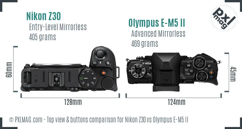 Nikon Z30 vs Olympus E-M5 II top view buttons comparison