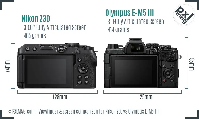 Nikon Z30 vs Olympus E-M5 III Screen and Viewfinder comparison