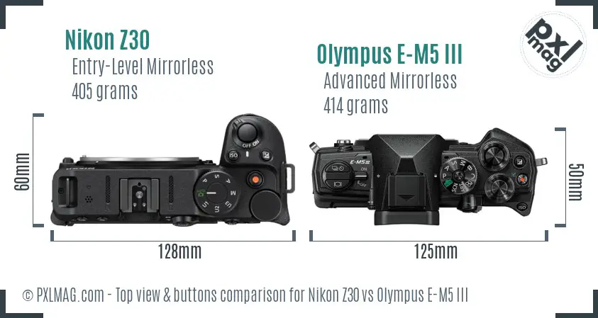 Nikon Z30 vs Olympus E-M5 III top view buttons comparison