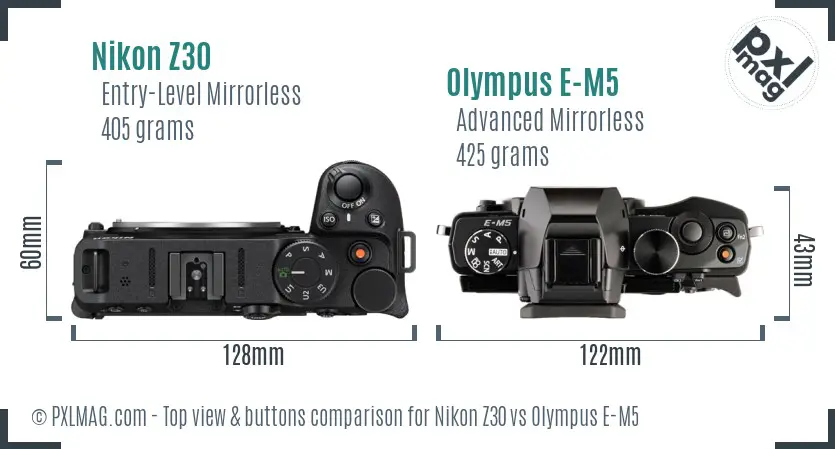 Nikon Z30 vs Olympus E-M5 top view buttons comparison