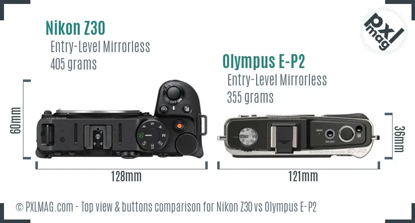 Nikon Z30 vs Olympus E-P2 top view buttons comparison