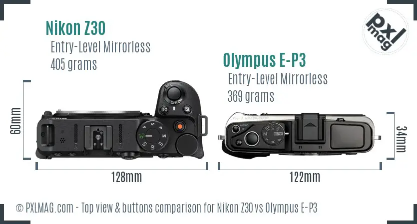 Nikon Z30 vs Olympus E-P3 top view buttons comparison