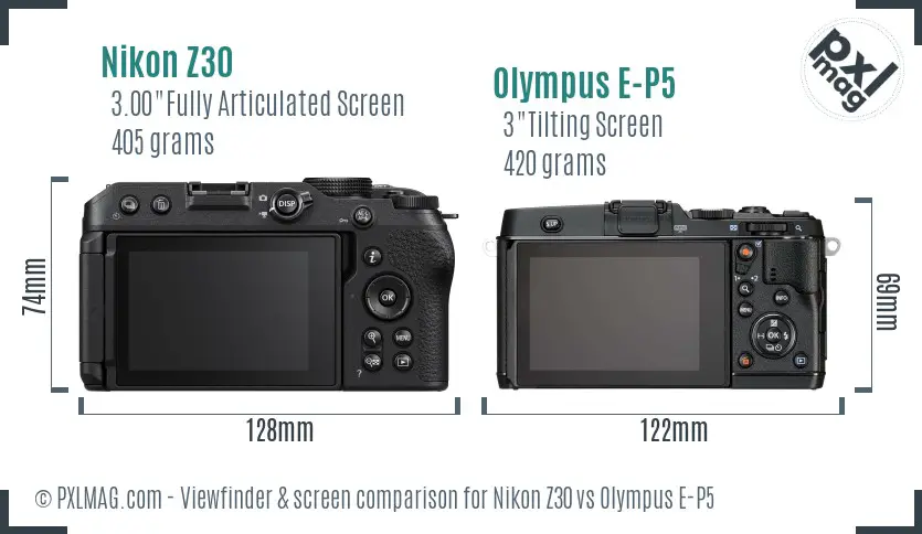 Nikon Z30 vs Olympus E-P5 Screen and Viewfinder comparison