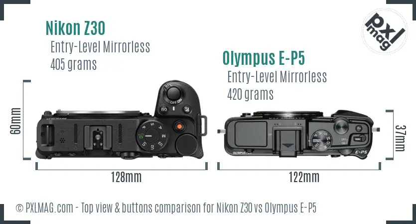 Nikon Z30 vs Olympus E-P5 top view buttons comparison