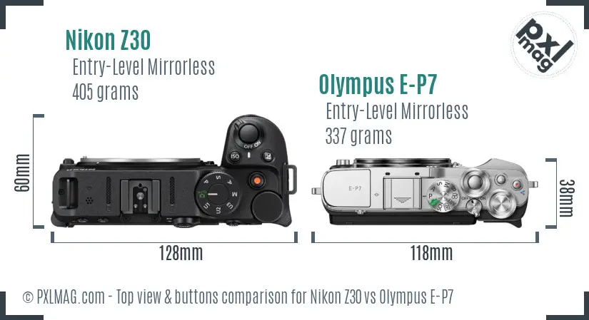 Nikon Z30 vs Olympus E-P7 top view buttons comparison