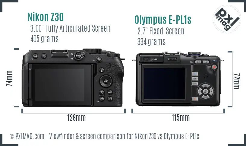 Nikon Z30 vs Olympus E-PL1s Screen and Viewfinder comparison