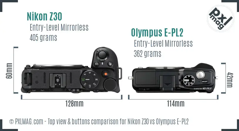 Nikon Z30 vs Olympus E-PL2 top view buttons comparison Nikon Z30 vs Olympus E-PL2 top view buttons comparison