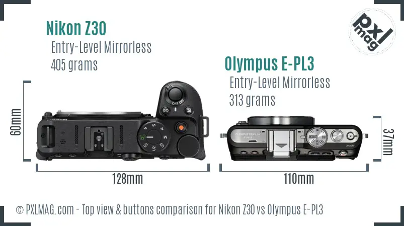 Nikon Z30 vs Olympus E-PL3 top view buttons comparison Nikon Z30 vs Olympus E-PL3 top view buttons comparison
