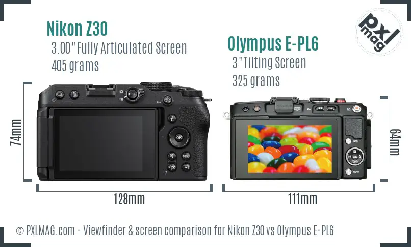 Nikon Z30 vs Olympus E-PL6 Screen and Viewfinder comparison