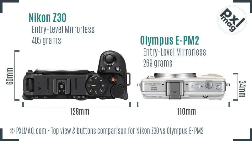 Nikon Z30 vs Olympus E-PM2 top view buttons comparison