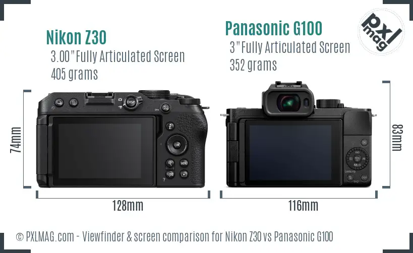 Nikon Z30 vs Panasonic G100 Screen and Viewfinder comparison