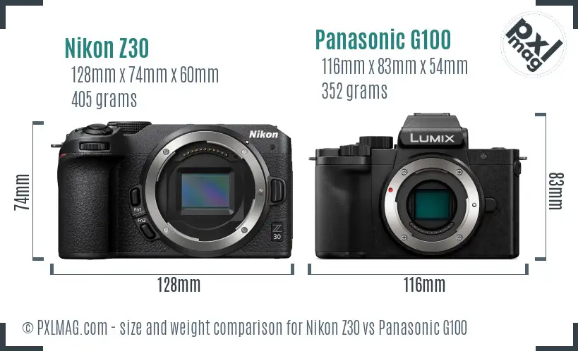 Nikon Z30 vs Panasonic G100 size comparison