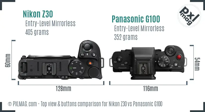 Nikon Z30 vs Panasonic G100 top view buttons comparison