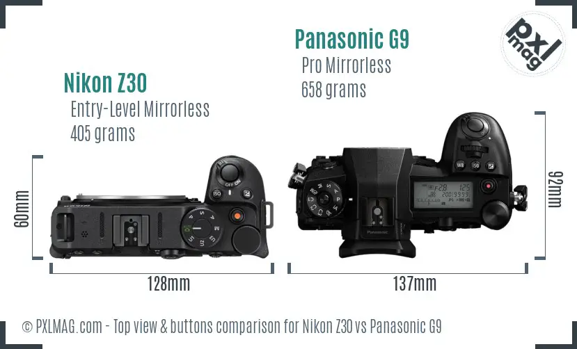 Nikon Z30 vs Panasonic G9 top view buttons comparison