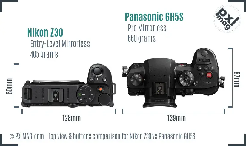 Nikon Z30 vs Panasonic GH5S top view buttons comparison