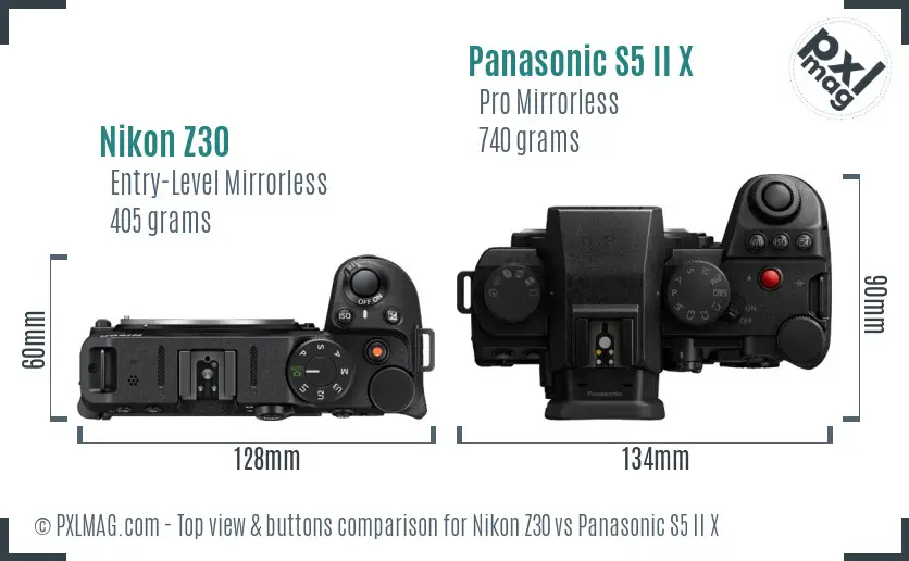 Nikon Z30 vs Panasonic S5 II X top view buttons comparison Nikon Z30 vs Panasonic S5 II X top view buttons comparison
