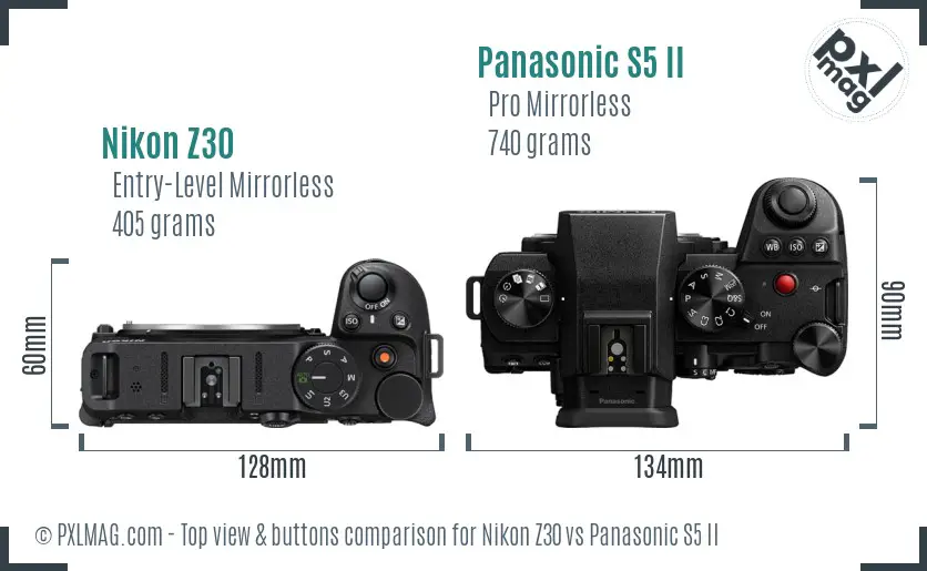 Nikon Z30 vs Panasonic S5 II top view buttons comparison Nikon Z30 vs Panasonic S5 II top view buttons comparison