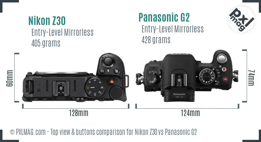 Nikon Z30 vs Panasonic G2 top view buttons comparison