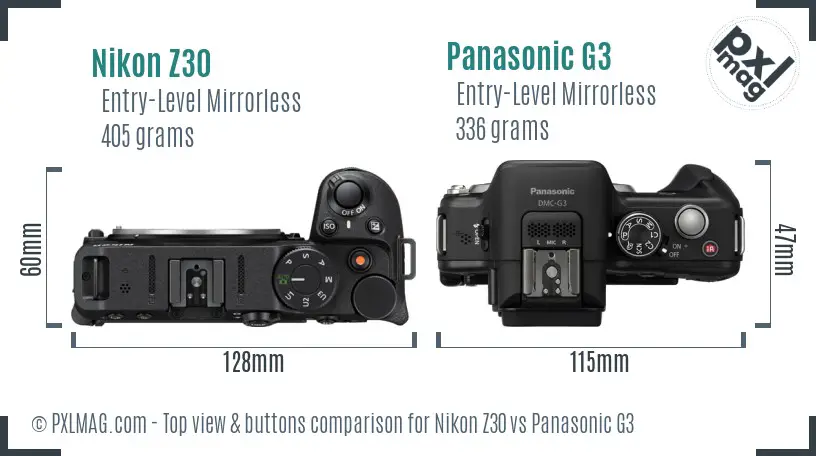 Nikon Z30 vs Panasonic G3 top view buttons comparison