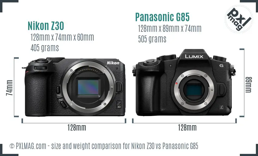 Nikon Z30 vs Panasonic G85 size comparison