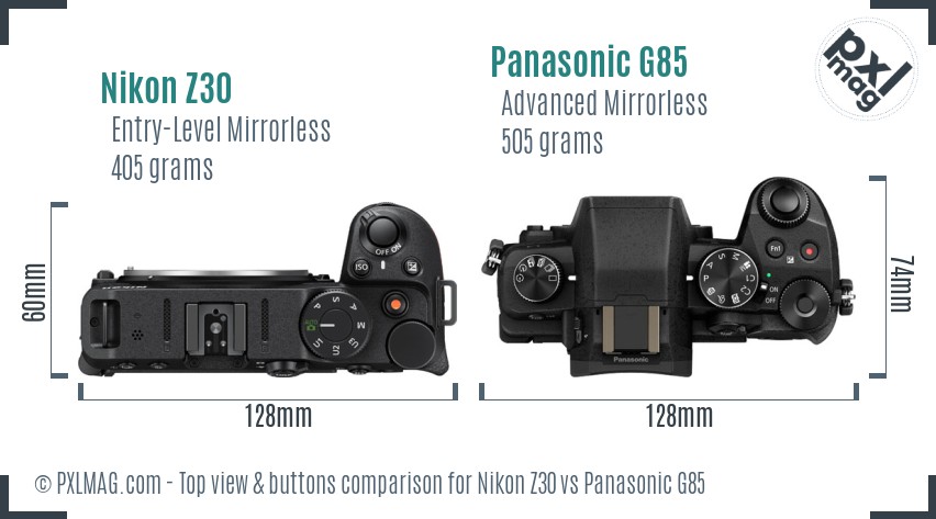 Nikon Z30 vs Panasonic G85 top view buttons comparison