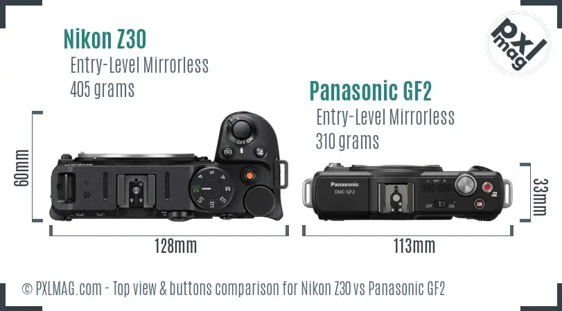 Nikon Z30 vs Panasonic GF2 top view buttons comparison Nikon Z30 vs Panasonic GF2 top view buttons comparison