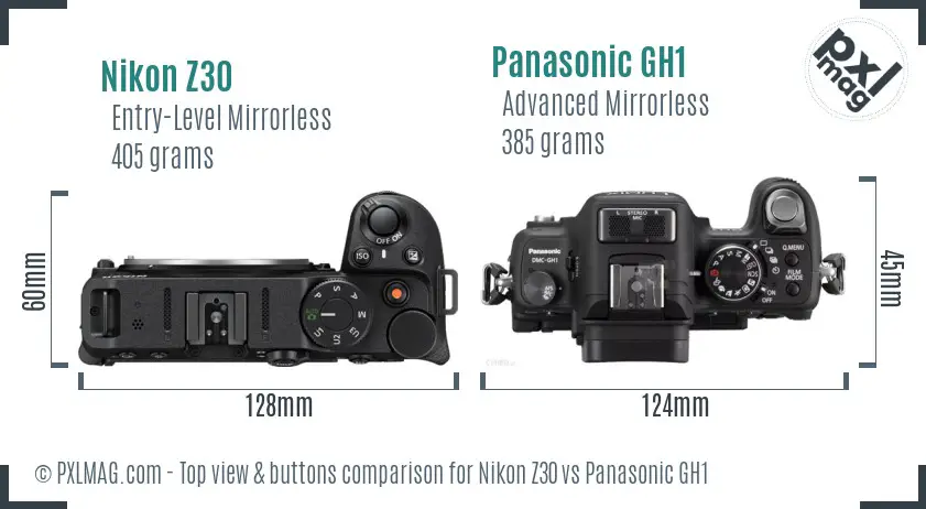 Nikon Z30 vs Panasonic GH1 top view buttons comparison