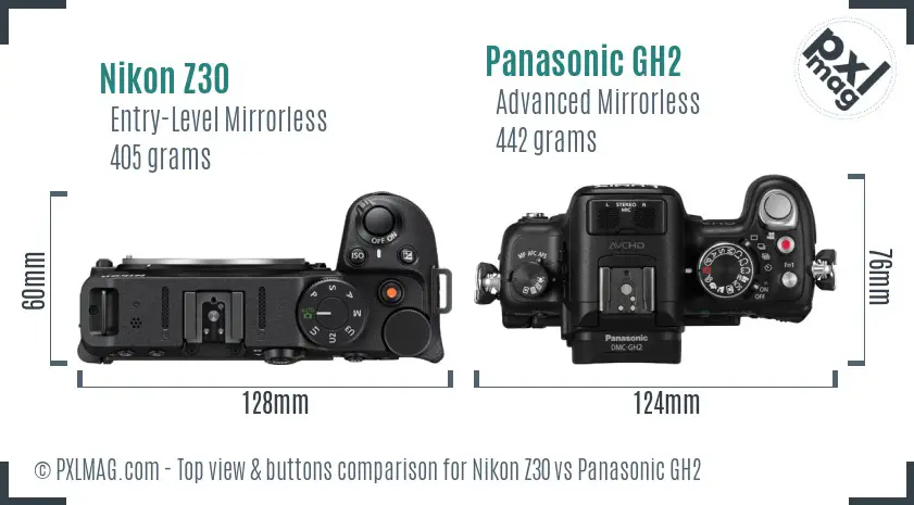 Nikon Z30 vs Panasonic GH2 top view buttons comparison