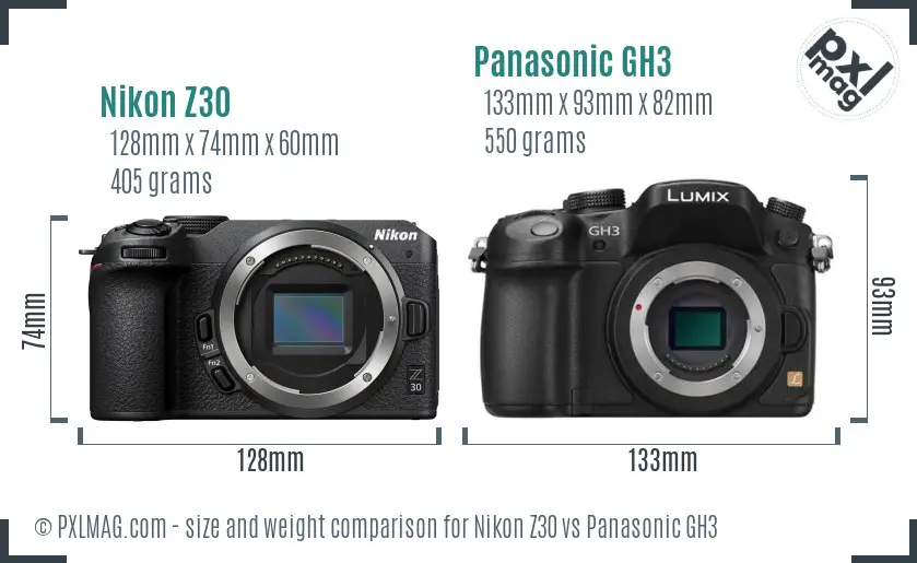 Nikon Z30 vs Panasonic GH3 size comparison