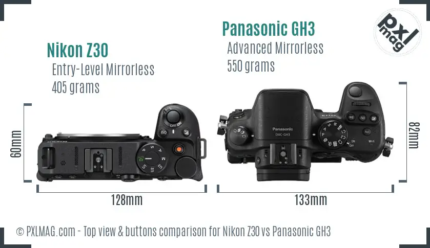 Nikon Z30 vs Panasonic GH3 top view buttons comparison