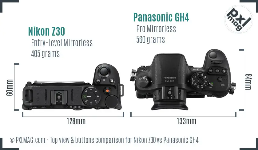 Nikon Z30 vs Panasonic GH4 top view buttons comparison Nikon Z30 vs Panasonic GH4 top view buttons comparison